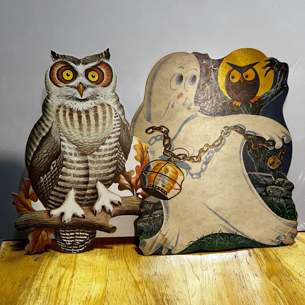 Vintage Halloween Wall Decor Cutouts Owl Ghost Scarecrow Set 12in Multicolor